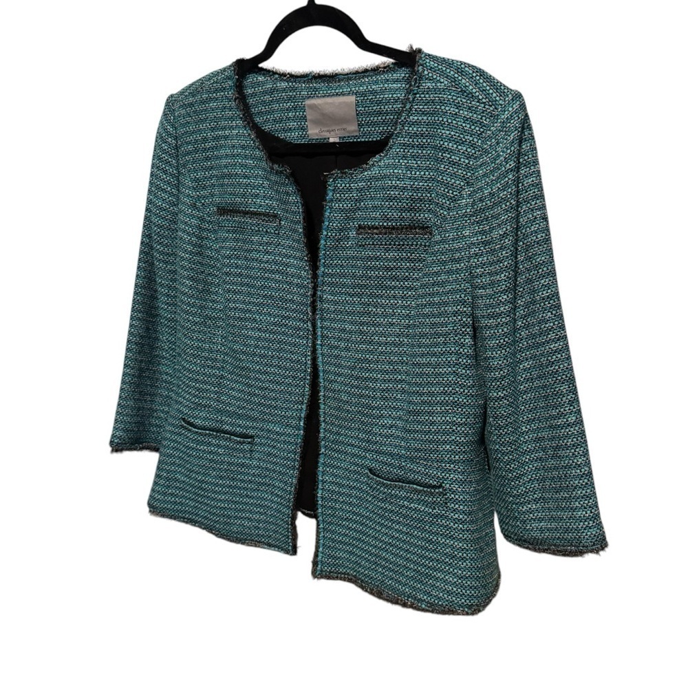 Classiques Entier Blue and Green Blazer Open Front Collarless Design